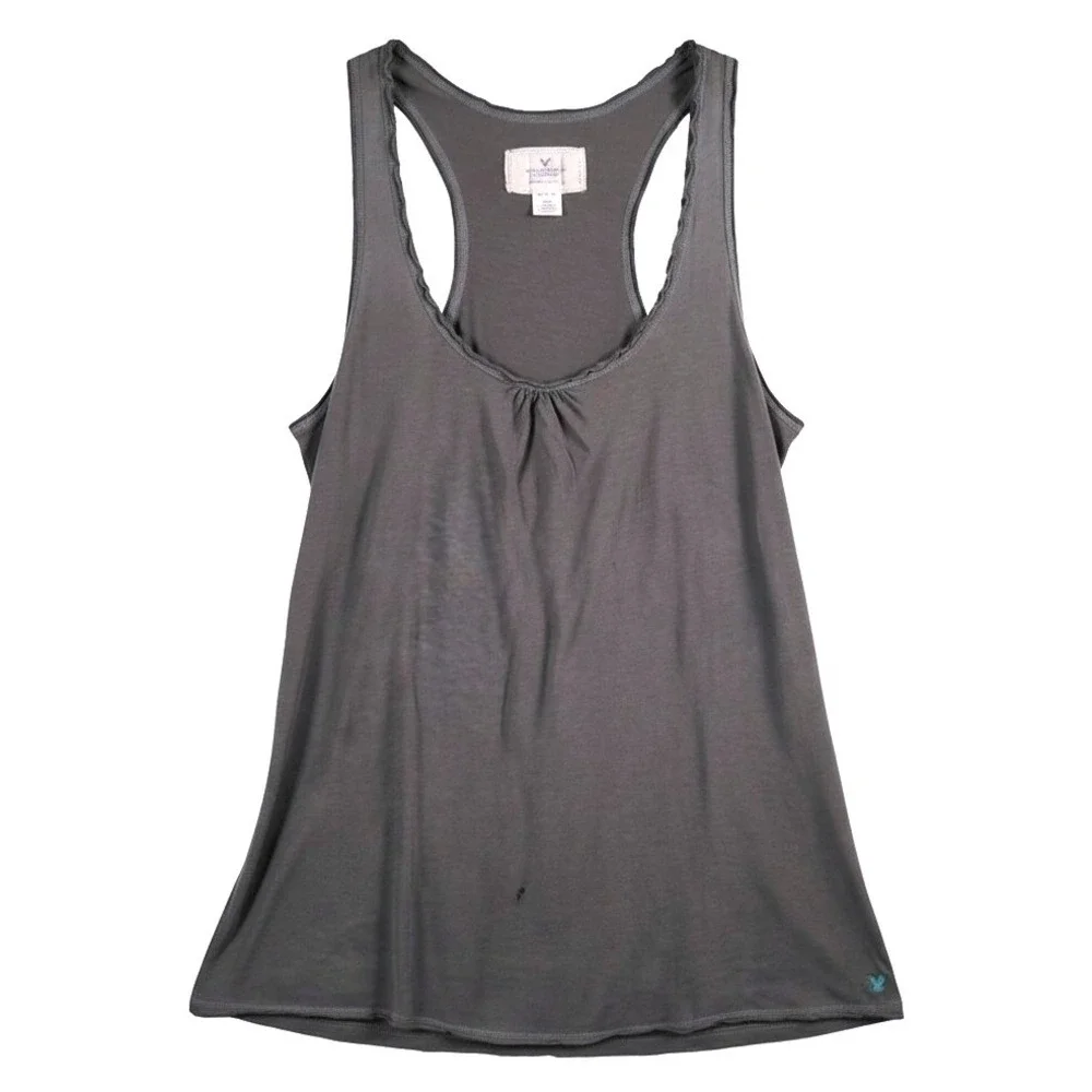 American Eagle Y2K Racerback Tank Top Womens Medium Gray Cotton Modal Ruched - Picture 2 of 12